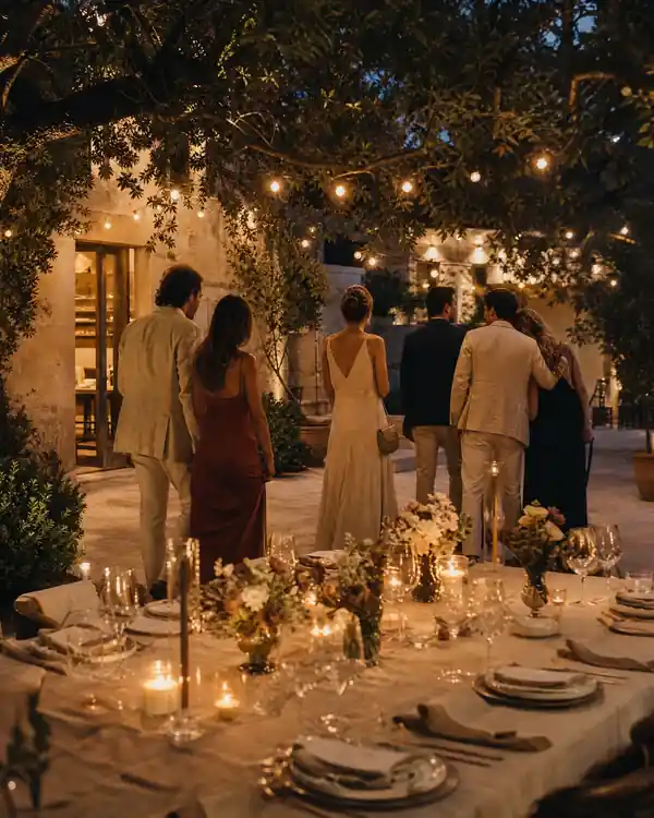 Freunde treffen sich bei einem privaten Abendessen im beleuchteten Garten